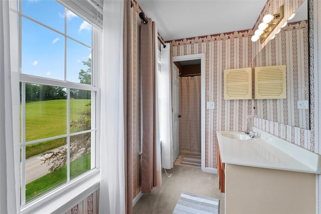 53 Peters Rd, Hempfield Twp, PA 15601 - full bath featuring wallpapered walls, healthy amount of natural light, vanity, and curtained shower