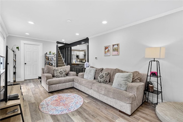 411 Center Ave, West View, PA 15229 - living room featuring crown molding, stairs, recessed lighting, and wood finished floors