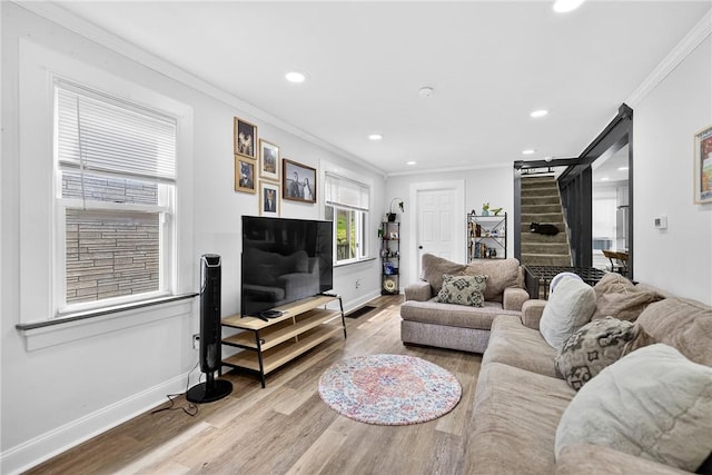 411 Center Ave, West View, PA 15229 - living area featuring stairs, wood finished floors, ornamental molding, and recessed lighting