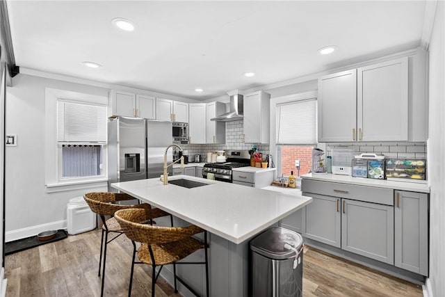 411 Center Ave, West View, PA 15229 - kitchen with stainless steel appliances, wall chimney exhaust hood, light countertops, crown molding, and decorative backsplash
