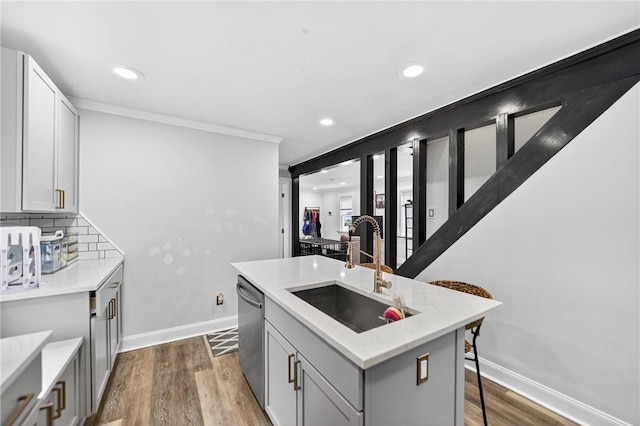 411 Center Ave, West View, PA 15229 - kitchen featuring dishwasher, dark wood-style flooring, recessed lighting, gray cabinetry, and a kitchen island with sink
