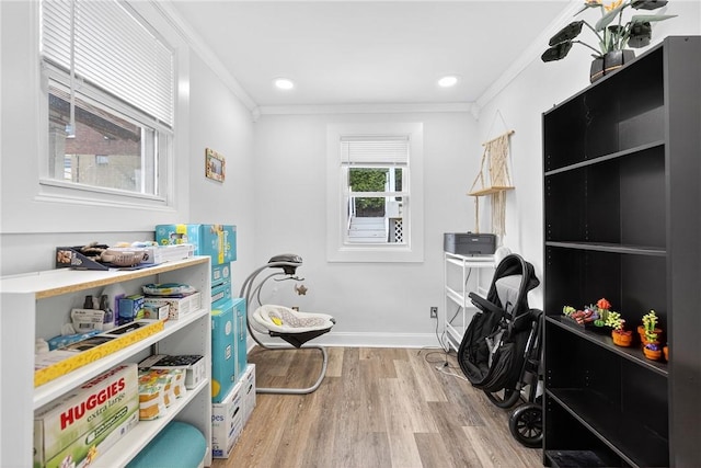 411 Center Ave, West View, PA 15229 - rec room featuring crown molding, light wood-type flooring, a desk, and recessed lighting