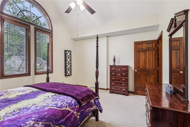 308 Heather Hill Dr, Pine Twp, PA 15044 - bedroom featuring carpet, high vaulted ceiling, and ceiling fan