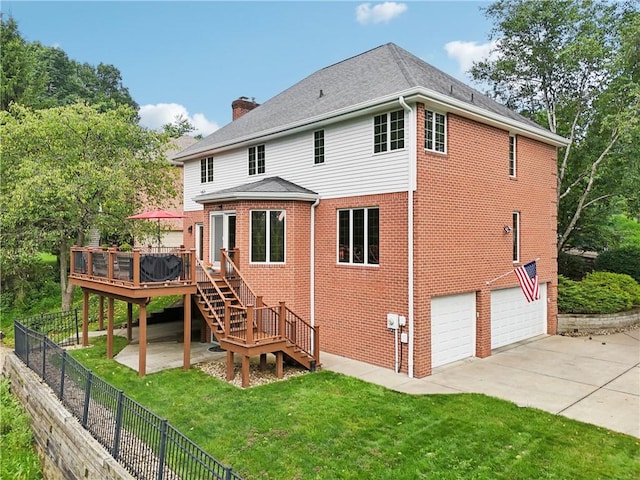 308 Heather Hill Dr, Pine Twp, PA 15044 - back of house with stairway, a garage, a deck, brick siding, and concrete driveway