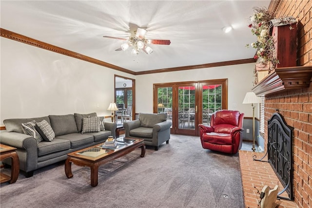308 Heather Hill Dr, Pine Twp, PA 15044 - living room featuring carpet floors, a fireplace, a ceiling fan, and ornamental molding