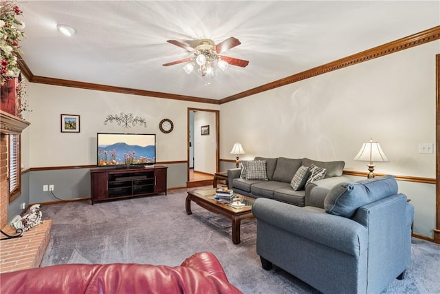 308 Heather Hill Dr, Pine Twp, PA 15044 - carpeted living room with ceiling fan, crown molding, and a brick fireplace