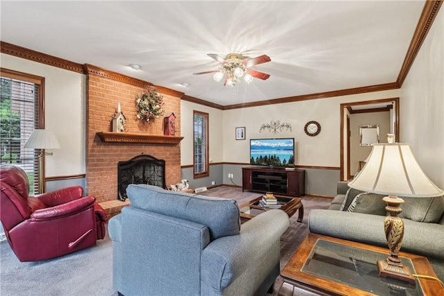308 Heather Hill Dr, Pine Twp, PA 15044 - carpeted living room with a brick fireplace, a ceiling fan, and ornamental molding
