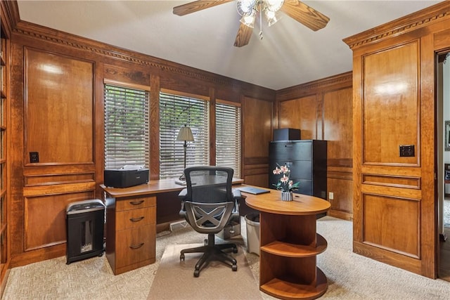 308 Heather Hill Dr, Pine Twp, PA 15044 - office space with a ceiling fan, light colored carpet, and wood walls
