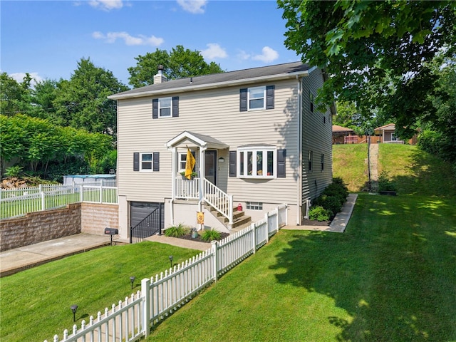 219 Tea Rose Ln, Harrison Twp, PA 15065 - view of front of home featuring an attached garage, driveway, a chimney, and a fenced backyard