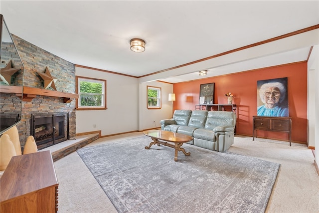 219 Tea Rose Ln, Harrison Twp, PA 15065 - carpeted living room featuring ornamental molding and a fireplace