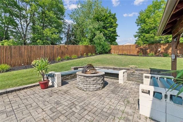 219 Tea Rose Ln, Harrison Twp, PA 15065 - fenced backyard featuring an outdoor fire pit and a patio area