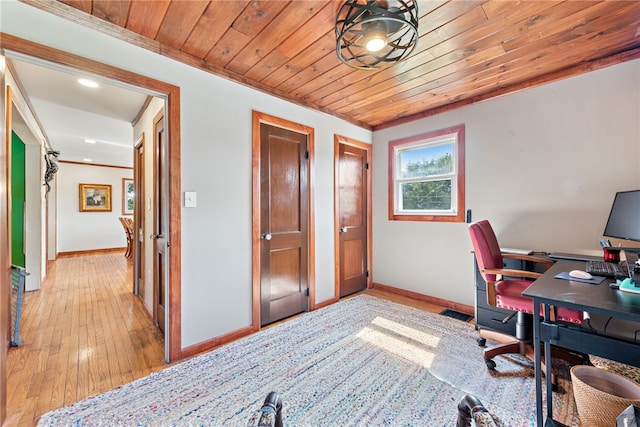 219 Tea Rose Ln, Harrison Twp, PA 15065 - office with crown molding, light wood finished floors, wooden ceiling, and recessed lighting