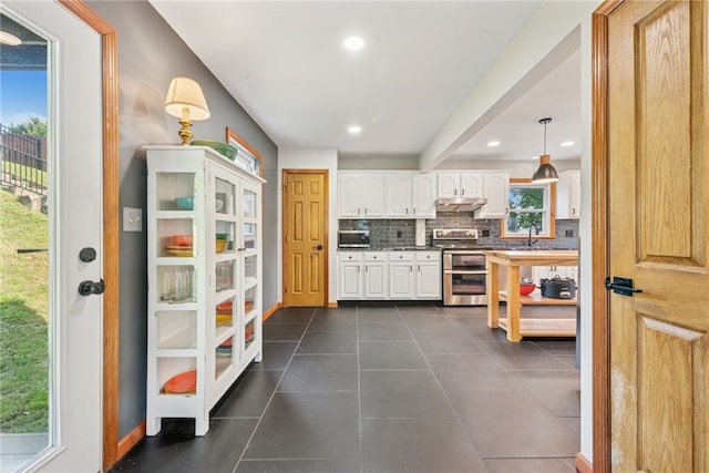 219 Tea Rose Ln, Harrison Twp, PA 15065 - kitchen with appliances with stainless steel finishes, under cabinet range hood, decorative backsplash, white cabinetry, and dark tile patterned flooring