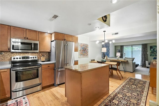 38 Foster Sq, Central North Side, PA 15212 - kitchen with appliances with stainless steel finishes, light wood finished floors, a center island, brown cabinets, and recessed lighting