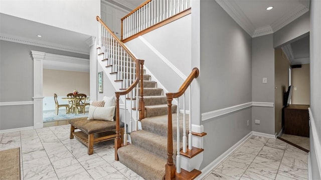 108 Trenton Cir, Peters Twp, PA 15317 - stairway featuring marble look tiles, crown molding, recessed lighting, and decorative columns