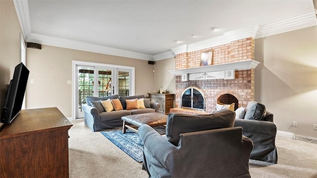 108 Trenton Cir, Peters Twp, PA 15317 - living room featuring carpet flooring, a fireplace, and crown molding