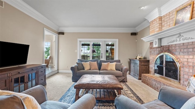 108 Trenton Cir, Peters Twp, PA 15317 - living room featuring light carpet, a fireplace, and crown molding