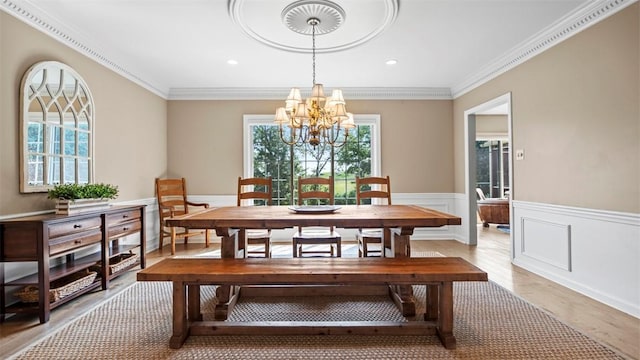 108 Trenton Cir, Peters Twp, PA 15317 - dining room with a chandelier, light wood-style floors, wainscoting, crown molding, and recessed lighting