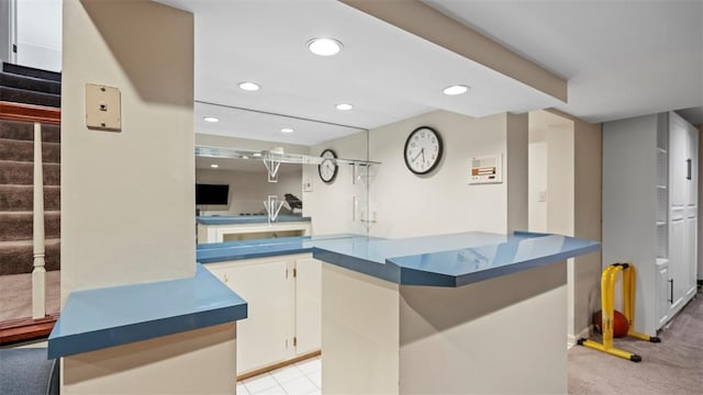 108 Trenton Cir, Peters Twp, PA 15317 - kitchen featuring recessed lighting, dark countertops, white cabinetry, and light carpet