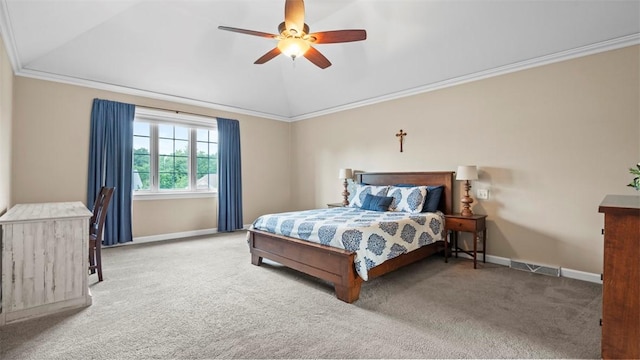 108 Trenton Cir, Peters Twp, PA 15317 - bedroom with carpet floors, vaulted ceiling, crown molding, and ceiling fan