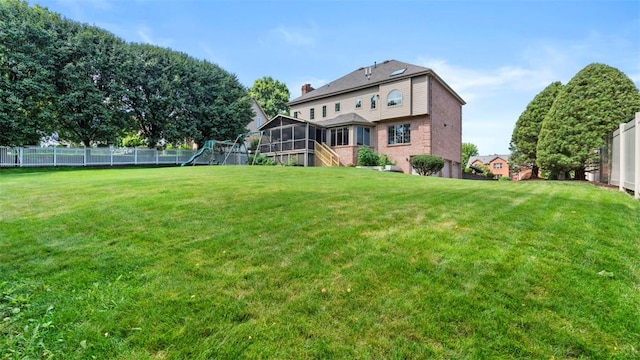 108 Trenton Cir, Peters Twp, PA 15317 - back of house featuring a playground, a fenced backyard, a sunroom, and stairs