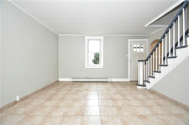 145 E Main St, Monongahela, PA 15063 - foyer entrance featuring a baseboard radiator, crown molding, stairs, and light tile patterned floors