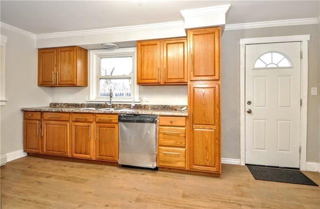 145 E Main St, Monongahela, PA 15063 - kitchen featuring stainless steel dishwasher, light wood-style floors, brown cabinets, and ornamental molding