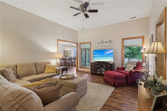 163 Nesbitt Rd, Neshannock Twp, PA 16105 - living room with dark wood finished floors, a chandelier, and a ceiling fan