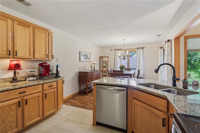 163 Nesbitt Rd, Neshannock Twp, PA 16105 - kitchen featuring appliances with stainless steel finishes, a chandelier, light tile patterned flooring, and light stone countertops