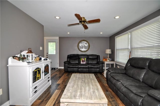 111 Wood St, Rostraver, PA 15089 - living room featuring ceiling fan, dark wood-style flooring, and recessed lighting