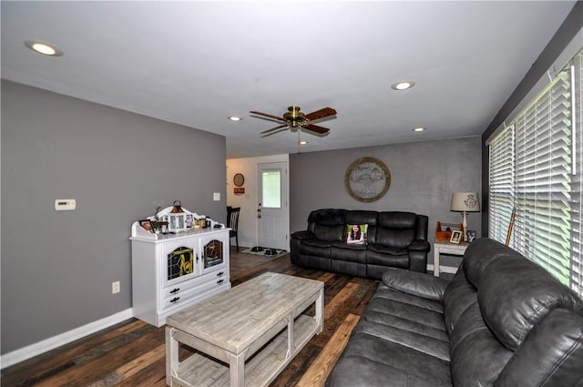 111 Wood St, Rostraver, PA 15089 - living room with dark wood-type flooring, recessed lighting, and a ceiling fan