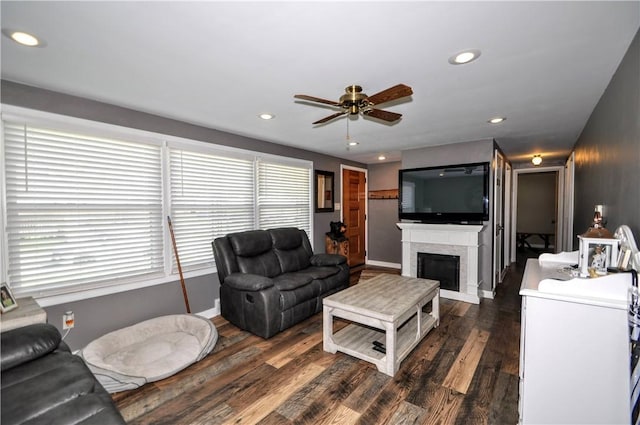 111 Wood St, Rostraver, PA 15089 - living area featuring ceiling fan, dark wood-style floors, a fireplace, and recessed lighting