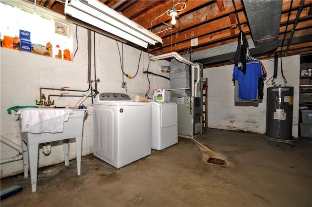 111 Wood St, Rostraver, PA 15089 - unfinished basement with water heater, independent washer and dryer, concrete block wall, and heating unit