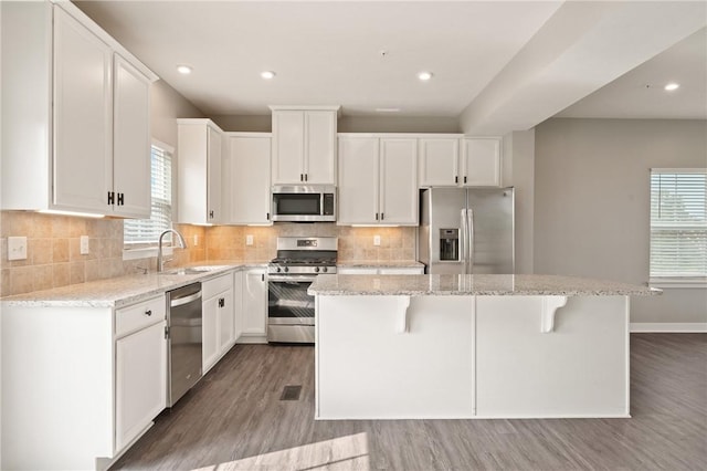1008 Adair Ave, Middlesex Twp, PA 16059 - kitchen featuring appliances with stainless steel finishes, wood finished floors, a center island, plenty of natural light, and recessed lighting