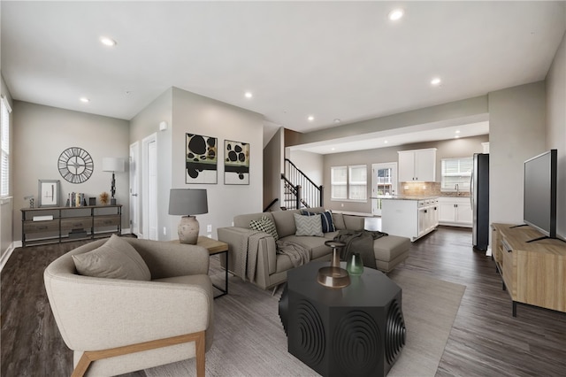 1008 Adair Ave, Middlesex Twp, PA 16059 - living room featuring recessed lighting, stairs, and dark wood-style floors