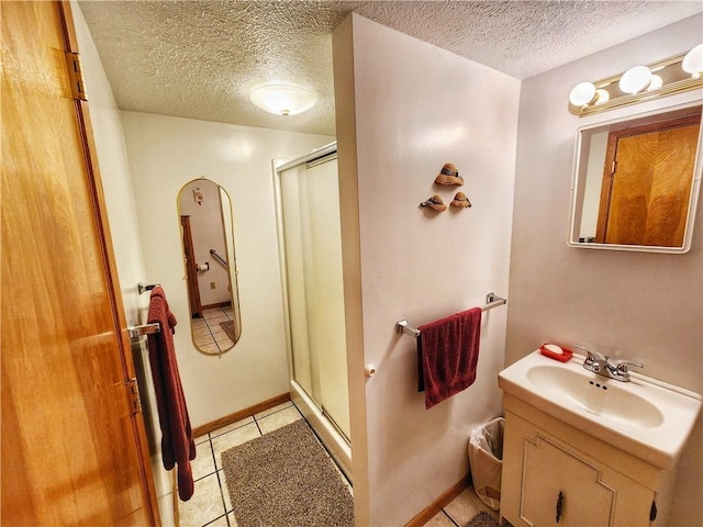 1031 Gameland Rd, Donegal, PA 16025 - bathroom with a textured ceiling, a stall shower, vanity, and tile patterned flooring