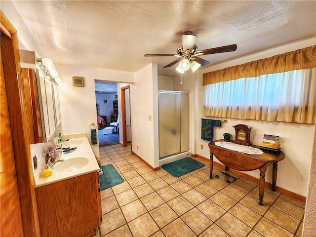 1031 Gameland Rd, Donegal, PA 16025 - bathroom with tile patterned floors, a stall shower, double vanity, and a ceiling fan