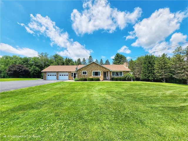 1031 Gameland Rd, Donegal, PA 16025 - ranch-style home with driveway, an attached garage, a front lawn, stone siding, and a chimney