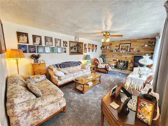 1031 Gameland Rd, Donegal, PA 16025 - carpeted living room featuring a ceiling fan, a textured ceiling, and a fireplace