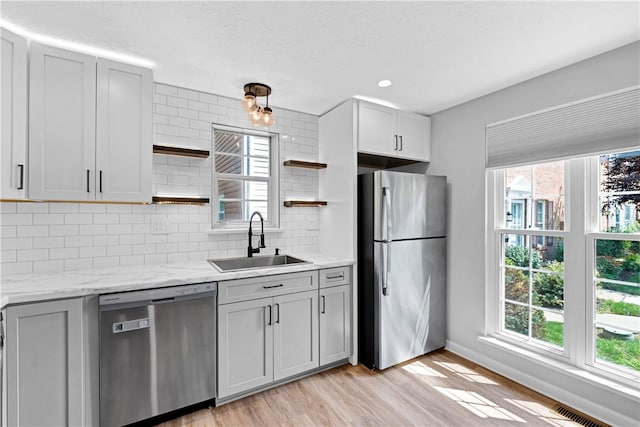 613 Newton Sq, Moon/Crescent Twp, PA 15108 - kitchen with stainless steel appliances, open shelves, tasteful backsplash, light wood-type flooring, and gray cabinetry