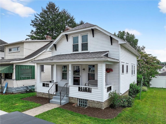 222 S 8th St, West Newton, PA 15089 - view of front of house featuring covered porch, a shingled roof, a front yard, and a chimney