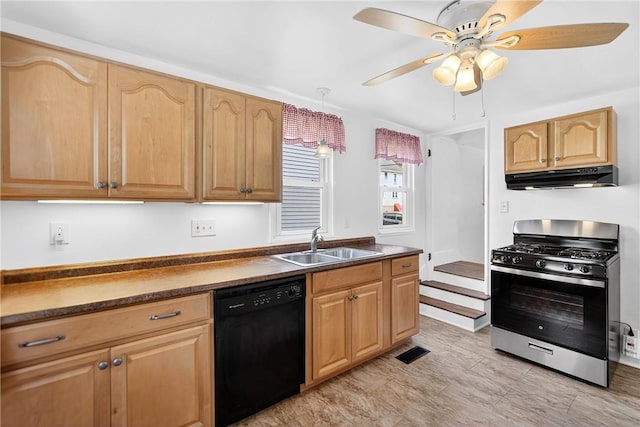 222 S 8th St, West Newton, PA 15089 - kitchen with dishwasher, stainless steel range with gas stovetop, under cabinet range hood, ceiling fan, and dark countertops
