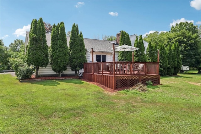 168 Debernardo Ln, Mahoning Twp, PA 16132 - back of property featuring a deck, a chimney, a yard, and roof with shingles