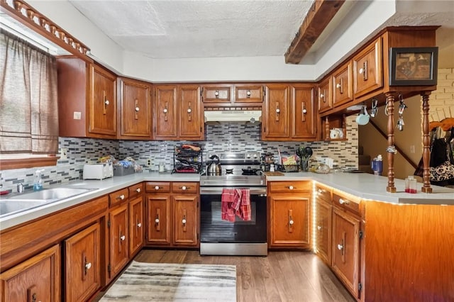 168 Debernardo Ln, Mahoning Twp, PA 16132 - kitchen with stainless steel range with electric stovetop, under cabinet range hood, light wood-style floors, a peninsula, and light countertops