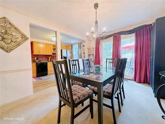 157 Aberdeen Dr, Mccandless, PA 15237 - dining area with light carpet, crown molding, and a chandelier