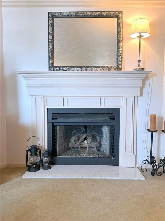 157 Aberdeen Dr, Mccandless, PA 15237 - detailed view of a fireplace with raised hearth and carpet flooring