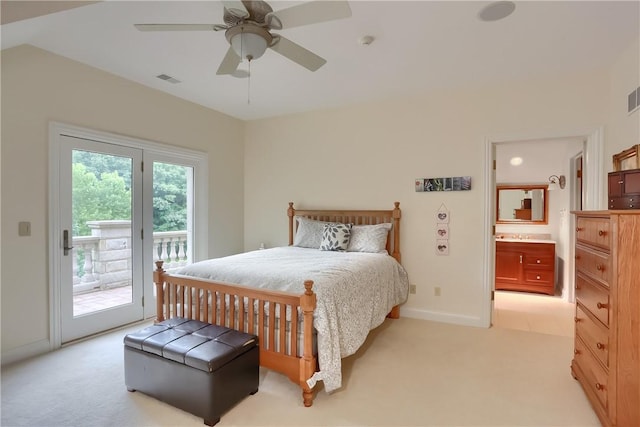 399 Cornetti Rd, Clearfield Twp, PA 16034 - bedroom with light carpet, access to outside, ensuite bath, and a ceiling fan