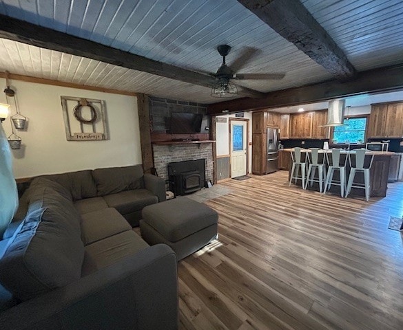 242 Coaltown Rd, Cherry Twp, PA 16020 - living area with a wood ceiling with exposed beams, ceiling fan, and light wood-style flooring