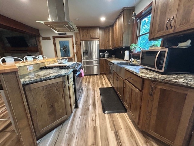 242 Coaltown Rd, Cherry Twp, PA 16020 - kitchen with stainless steel appliances, island range hood, light wood-style flooring, stone countertops, and recessed lighting