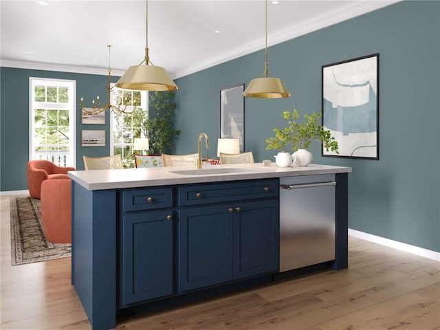 705 Bower St, Cranberry Twp, PA 16066 - kitchen featuring dishwasher, blue cabinets, a kitchen island with sink, decorative light fixtures, and light countertops